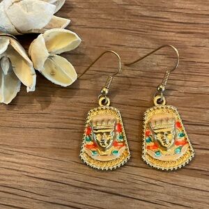 Gold-Tone Egyptian Pharaoh Drop Earrings with Multicolor Enamel